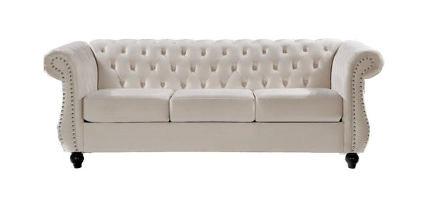 English Elm Chesterfield Crushed Velvet 3 Seat Sofa Tufted Back Rolled Arms Tapered Wood Legs Living Room Ivory B2735S00067