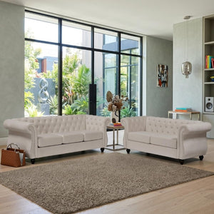 English Elm Chesterfield Crushed Velvet 2 Piece Sofa Set Button Tufted Living Room Seating Ivory B2735S00068