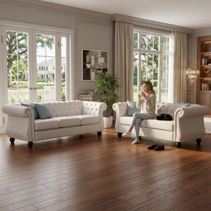 English Elm Chesterfield Crushed Velvet 2 Piece Sofa Set Button Tufted Living Room Seating Ivory B2735S00068