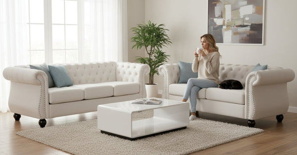 English Elm Chesterfield Crushed Velvet 2 Piece Sofa Set Button Tufted Living Room Seating Ivory B2735S00068