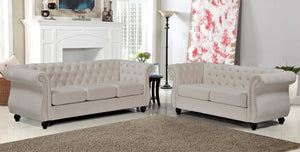 English Elm Chesterfield Crushed Velvet 2 Piece Sofa Set Button Tufted Living Room Seating Ivory B2735S00068