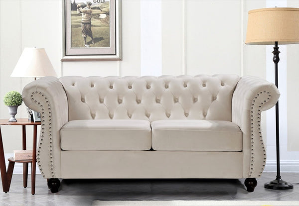 English Elm Chesterfield Crushed Velvet 2 Piece Sofa Set Button Tufted Living Room Seating Ivory B2735S00068