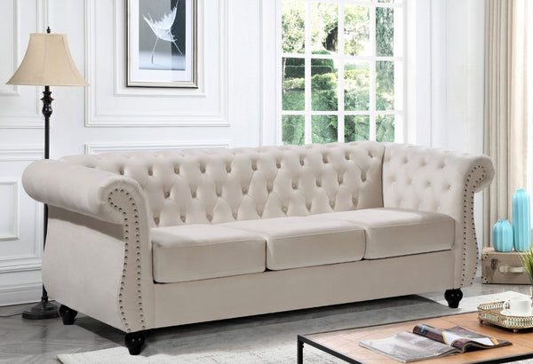 English Elm Chesterfield Crushed Velvet 2 Piece Sofa Set Button Tufted Living Room Seating Ivory B2735S00068