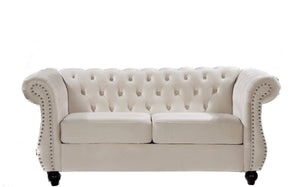 English Elm Chesterfield Crushed Velvet 2 Piece Sofa Set Button Tufted Living Room Seating Ivory B2735S00068
