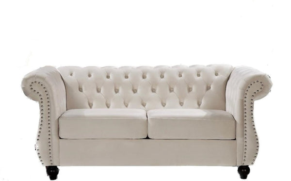 English Elm Chesterfield Crushed Velvet 2 Piece Sofa Set Button Tufted Living Room Seating Ivory B2735S00068