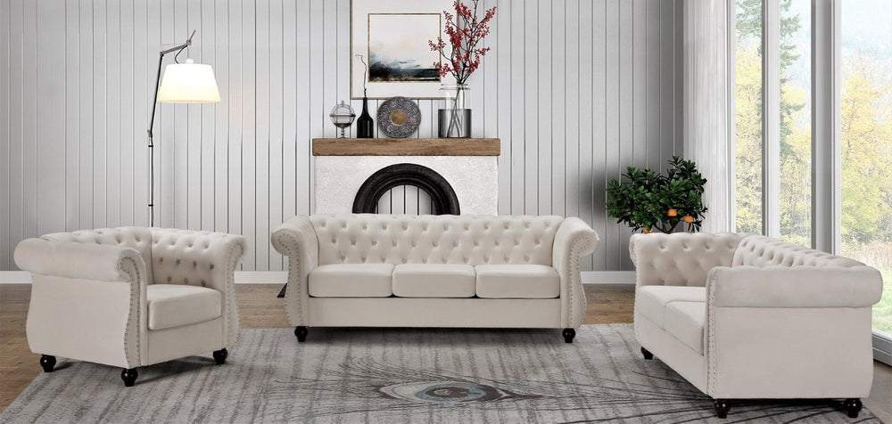 English Elm Chesterfield Crushed Velvet Living Room Set with Tufted Sofa Loveseat and Accent Chair Ivory B2735S00069