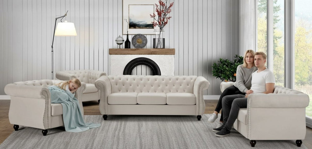 English Elm Chesterfield Crushed Velvet Living Room Set with Tufted Sofa Loveseat and Accent Chair Ivory B2735S00069
