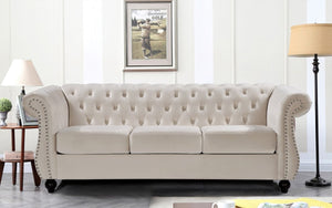 English Elm Chesterfield Crushed Velvet Living Room Set with Tufted Sofa Loveseat and Accent Chair Ivory B2735S00069