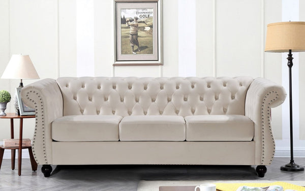 English Elm Chesterfield Crushed Velvet Living Room Set with Tufted Sofa Loveseat and Accent Chair Ivory B2735S00069