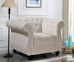 English Elm Chesterfield Crushed Velvet Living Room Set with Tufted Sofa Loveseat and Accent Chair Ivory B2735S00069