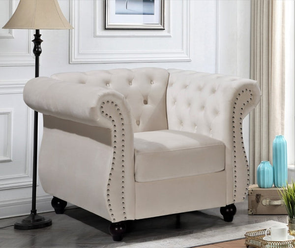 English Elm Chesterfield Crushed Velvet Living Room Set with Tufted Sofa Loveseat and Accent Chair Ivory B2735S00069