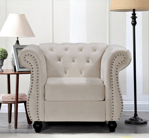 English Elm Chesterfield Crushed Velvet Living Room Set with Tufted Sofa Loveseat and Accent Chair Ivory B2735S00069