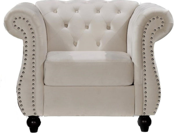 English Elm Chesterfield Crushed Velvet Living Room Set with Tufted Sofa Loveseat and Accent Chair Ivory B2735S00069