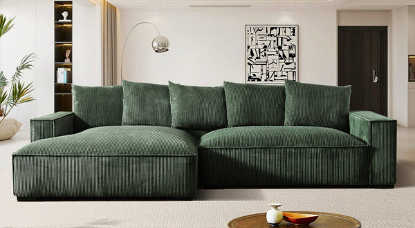 English Elm 106.7-Inch Corduroy Sectional Sofa with Deep Seats Down Feather Fill Modular Living Room Dark Green Left Facing B2735S00070