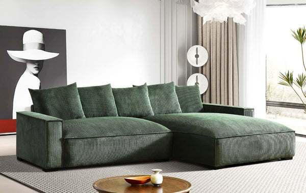English Elm 106.7-Inch Corduroy Sectional Sofa with Deep Seats Down Feather Fill Modular Living Room Dark Green Right Facing B2735S00071