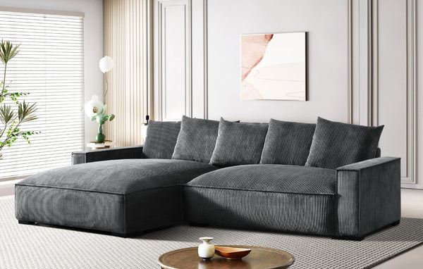 English Elm 106.7-Inch Corduroy Sectional Sofa with Deep Seats Down Feather Fill Modular Living Room Gray Left Facing B2735S00072