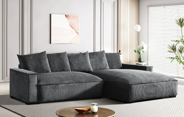 English Elm 106.7-Inch Corduroy Sectional Sofa with Deep Seats Down Feather Fill Modular Living Room Gray Right Facing B2735S00073