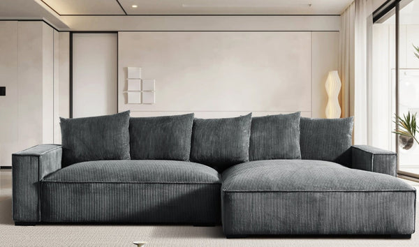 English Elm 106.7-Inch Corduroy Sectional Sofa with Deep Seats Down Feather Fill Modular Living Room Gray Right Facing B2735S00073