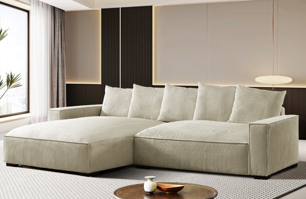 English Elm 106.7-Inch Corduroy Sectional Sofa with Deep Seats Down Feather Fill Modular Living Room Ivory Left Facing B2735S00076