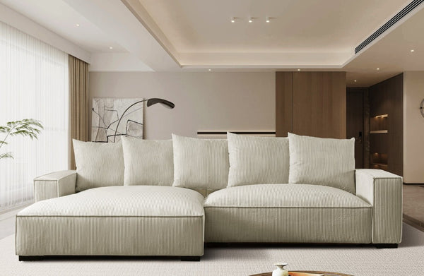 English Elm 106.7-Inch Corduroy Sectional Sofa with Deep Seats Down Feather Fill Modular Living Room Ivory Left Facing B2735S00076