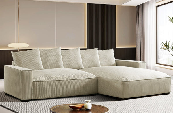 English Elm 106.7-Inch Corduroy Sectional Sofa with Deep Seats Down Feather Fill Modular Living Room Ivory Right Facing B2735S00077