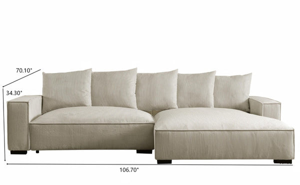 English Elm 106.7-Inch Corduroy Sectional Sofa with Deep Seats Down Feather Fill Modular Living Room Ivory Right Facing B2735S00077