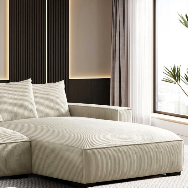 English Elm 106.7-Inch Corduroy Sectional Sofa with Deep Seats Down Feather Fill Modular Living Room Ivory Right Facing B2735S00077