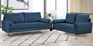 English Elm 2-Piece Velvet Sofa and Loveseat Set with Nailhead Trim Gold Legs Living Room Dark Blue B2735S00082