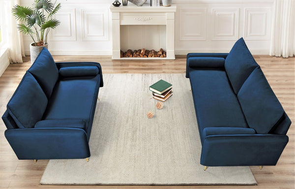 English Elm 2-Piece Velvet Sofa and Loveseat Set with Nailhead Trim Gold Legs Living Room Dark Blue B2735S00082