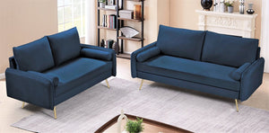 English Elm 2-Piece Velvet Sofa and Loveseat Set with Nailhead Trim Gold Legs Living Room Dark Blue B2735S00082