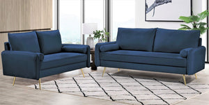 English Elm 2-Piece Velvet Sofa and Loveseat Set with Nailhead Trim Gold Legs Living Room Dark Blue B2735S00082