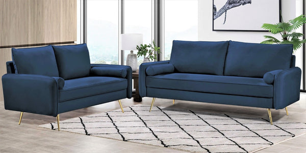 English Elm 2-Piece Velvet Sofa and Loveseat Set with Nailhead Trim Gold Legs Living Room Dark Blue B2735S00082