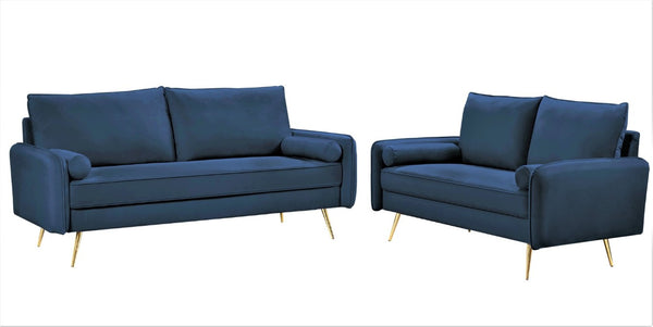 English Elm 2-Piece Velvet Sofa and Loveseat Set with Nailhead Trim Gold Legs Living Room Dark Blue B2735S00082