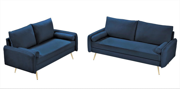English Elm 2-Piece Velvet Sofa and Loveseat Set with Nailhead Trim Gold Legs Living Room Dark Blue B2735S00082