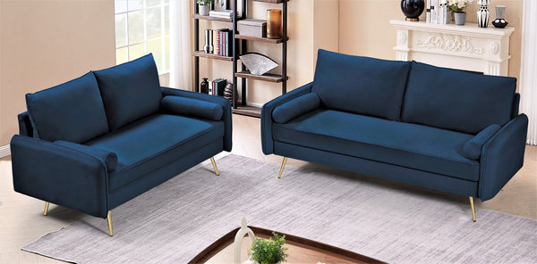 English Elm 2-Piece Velvet Sofa and Loveseat Set with Nailhead Trim Gold Legs Living Room Dark Blue B2735S00082