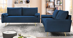 English Elm 2-Piece Velvet Sofa and Loveseat Set with Nailhead Trim Gold Legs Living Room Dark Blue B2735S00082