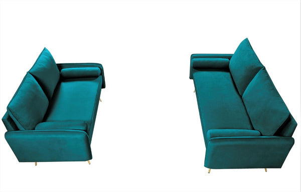 English Elm 2-Piece Velvet Sofa and Loveseat Set with Nailhead Trim Gold Legs Living Room Teal Blue B2735S00083