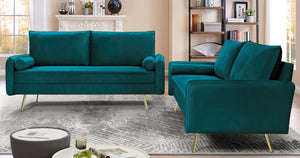 English Elm 2-Piece Velvet Sofa and Loveseat Set with Nailhead Trim Gold Legs Living Room Teal Blue B2735S00083