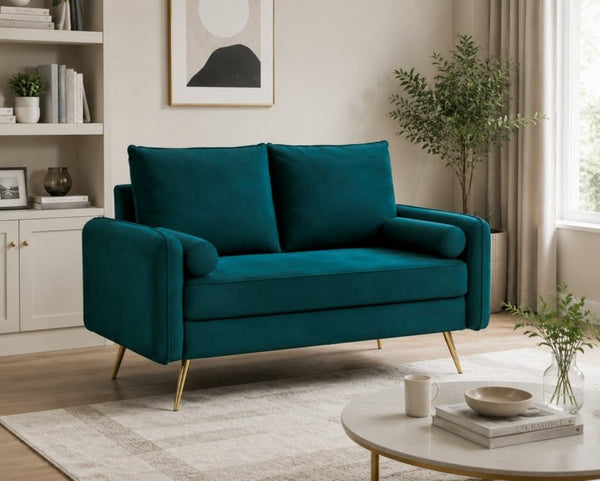 English Elm 2-Piece Velvet Sofa and Loveseat Set with Nailhead Trim Gold Legs Living Room Teal Blue B2735S00083