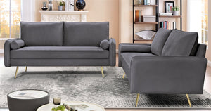 English Elm 2-Piece Velvet Sofa and Loveseat Set with Nailhead Trim Gold Legs Living Room Gray B2735S00085