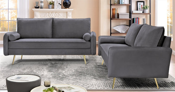 English Elm 2-Piece Velvet Sofa and Loveseat Set with Nailhead Trim Gold Legs Living Room Gray B2735S00085