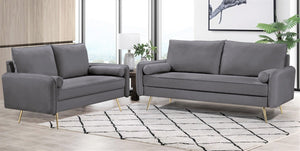 English Elm 2-Piece Velvet Sofa and Loveseat Set with Nailhead Trim Gold Legs Living Room Gray B2735S00085