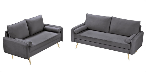 English Elm 2-Piece Velvet Sofa and Loveseat Set with Nailhead Trim Gold Legs Living Room Gray B2735S00085