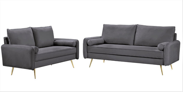 English Elm 2-Piece Velvet Sofa and Loveseat Set with Nailhead Trim Gold Legs Living Room Gray B2735S00085