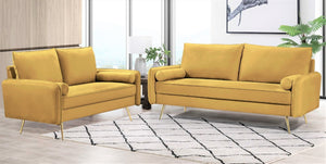 English Elm 2-Piece Velvet Sofa and Loveseat Set with Nailhead Trim Gold Legs Living Room Mustard Yellow B2735S00087
