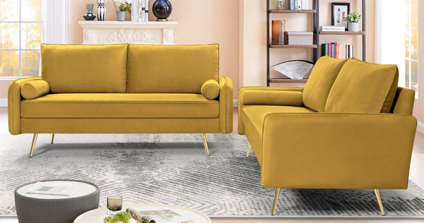 English Elm 2-Piece Velvet Sofa and Loveseat Set with Nailhead Trim Gold Legs Living Room Mustard Yellow B2735S00087