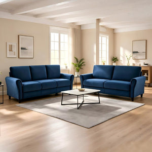 English Elm 2-Piece Mid-Century Modern Sofa and Loveseat Set with Plush Fabric Upholstery Wood Legs Dark Blue B2735S00088