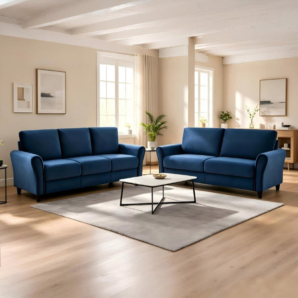 English Elm 2-Piece Mid-Century Modern Sofa and Loveseat Set with Plush Fabric Upholstery Wood Legs Dark Blue B2735S00088