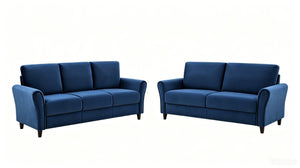 English Elm 2-Piece Mid-Century Modern Sofa and Loveseat Set with Plush Fabric Upholstery Wood Legs Dark Blue B2735S00088