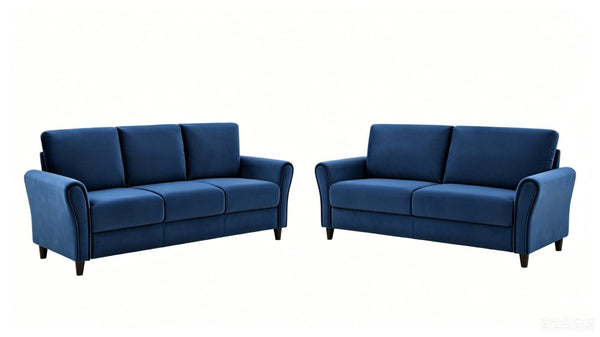 English Elm 2-Piece Mid-Century Modern Sofa and Loveseat Set with Plush Fabric Upholstery Wood Legs Dark Blue B2735S00088